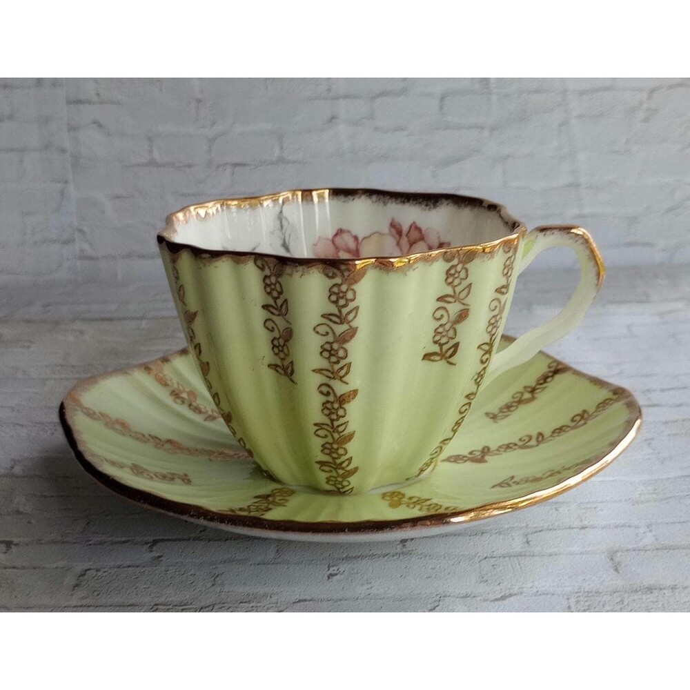 EB Foley Bone China Tea Cup and Saucer: Yellow Green Gold Floral